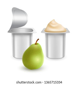 Set of White matte plastic pots for yogurt, cream, dessert or jam. Photorealistic packaging mockup template. yogurt cream with fresh pear isolated on white background, Vector EPS 10