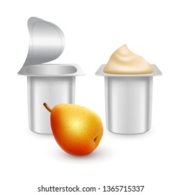 Set of White matte plastic pots for yogurt, cream, dessert or jam. Photorealistic packaging mockup template. yogurt cream with fresh pear isolated on white background, Vector EPS 10