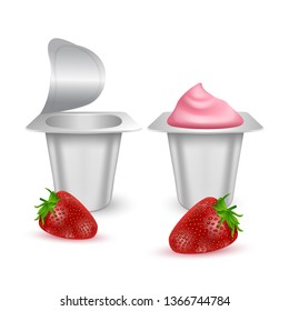 Set of White matte plastic pots for yogurt, cream, dessert or jam. Photorealistic packaging mockup template. yogurt cream with fresh strawberry isolated on white background, Vector EPS 10