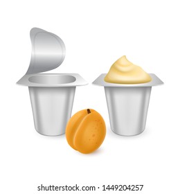 Set of White matte plastic pots for yogurt, cream, dessert or jam. Photorealistic packaging mockup template. yogurt cream with fresh apricots isolated on white background, Vector EPS 10