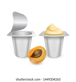 Set of White matte plastic pots for yogurt, cream, dessert or jam. Photorealistic packaging mockup template. yogurt cream with fresh apricots isolated on white background, Vector EPS 10