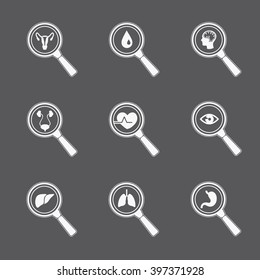Set of white medical exam vector icons. Observation of Internal organs  concept.