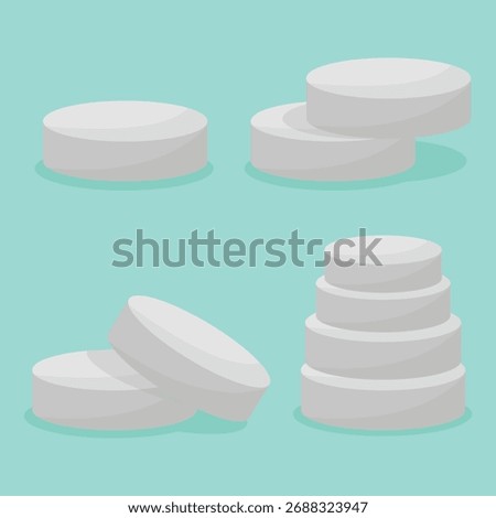 Set of white medicine pills and tablets used for illness treatment and healthcare medical elements