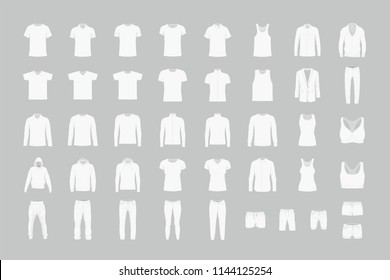 Set of white men's and women’s clothes. flat style. isolated on gray background