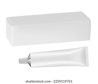 Set of white metal tube and box. Realistic mockup. Ointment or salve. Korean packaging. Blank cardboard package