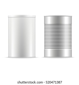 Set Of White And Metallic Tin Can With White Cap. Vector Realistic Illustration.