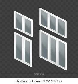 Set of white metal-plastic windows with transparent glasses in 3D. Modern window in a realistic style. Isometry, vector illustration.