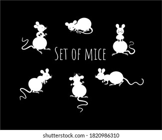 Set of white mice on a black background. Mouse in different poses in simple style. Animal sketch.