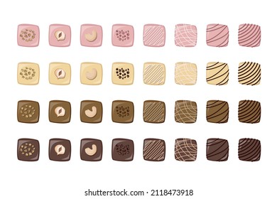 Set of white, milk, pink and black chocolate candies decorated with nuts and confectionery cream. Vector illustration.

