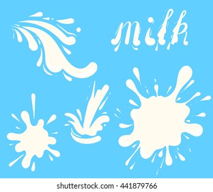 Set White Milk Splash And Blot. Isolated Logo Designs With Lettering Set