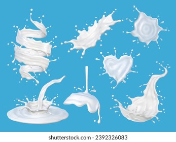 Set of white milk splash and drops on blue background vector
