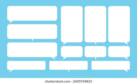 Set of white minimalist classic speech bubbles of rectangular shape of different sizes on blue background