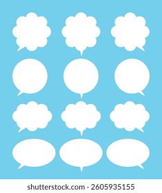 Set of white minimalist classic speech bubbles of round and oval shape of different sizes on a blue background