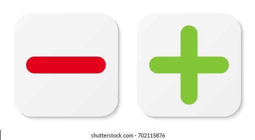 Set of white minus & plus signs icons, flat square buttons. Vector EPS10