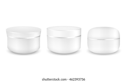 Set of white mockup round packaging of cream. Realistic vector illustration