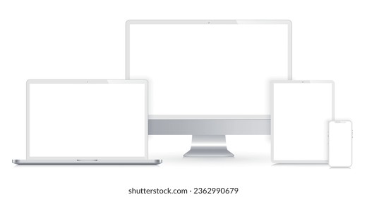 Establecer dispositivos de tecnología de simulación blanca con pantalla vacía blanca - vector de stock