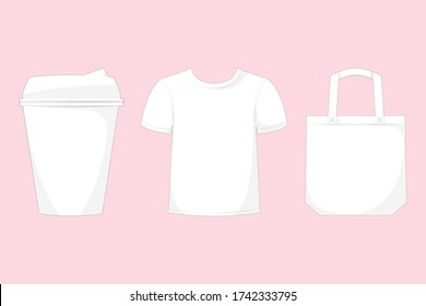 Set white mockups: paper cup, t-shirt, bag. Vector illustration.