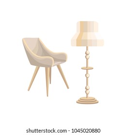 A set of white modern furniture. Icons. Isolated objects for interior on a white background. Soft stylish furniture. Vector illustration.

