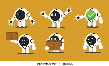 set of white modern robot mascot character delivery object
