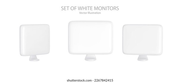  Set of white  monitors display at different position.  Cartoon 3d monitors. 
 Realistic cartoon  computer monitor icons . Screen mockup. 3D vector illustration