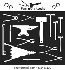 Set of white monochrome farrier`s tools icons and elements for your design. Vector illustration.