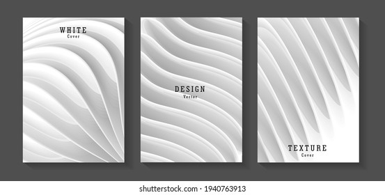 Set of white monochrome posters with 3d elements forming realistic structure or architecture texture, modern leaflet cover or banner backdrop