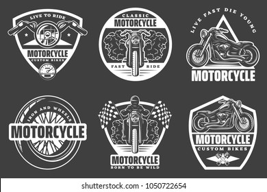 Set of white motorcycle monochrome emblems, labels, logos and motorbike badges with descriptions of custom bikes, classic garage, born to be wild. vector illustration