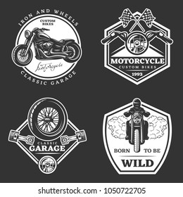 Set of white motorcycle monochrome emblems, labels, logos and motorbike badges with descriptions of custom bikes, classic garage, born to be wild. vector illustration