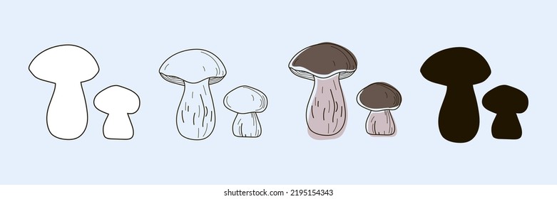 Set of white mushrooms drawn in the style of outlines, lines, doodles and black silhouette. Vector illustration on a blue background.