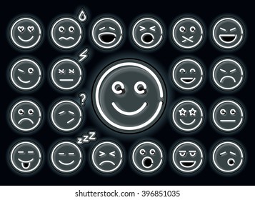 Set of white neon glowing emoticons, isolated on black background. 