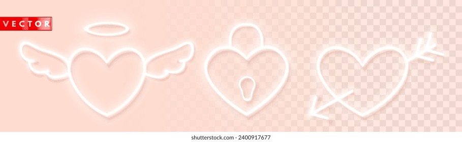 Set of white neon glowing heart icons for light backgrounds. Hearts with wings, arrow and keyhole. Design elements for Valentine's Day. Vector illustration