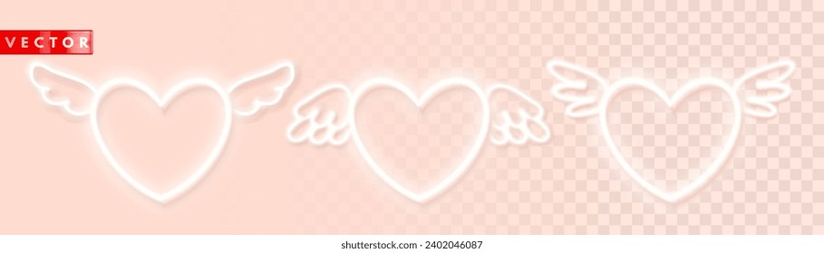 Set of white neon glowing heart icons for light backgrounds. Hearts with different wings. Design elements for greeting cards, banners for Valentine's Day. Vector illustration