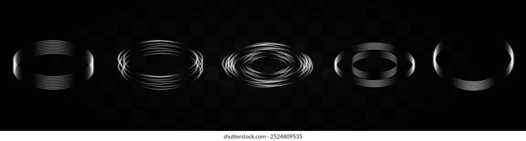 Set of white neon light rings forming various patterns on a transparent background. Ideal for tech, sci-fi, or digital design elements.