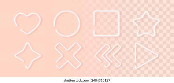 Set of white neon simple geometric shapes for light backgrounds. Collection of glowing frames isolated on transparent backdrop. Minimal style. Vector illustration