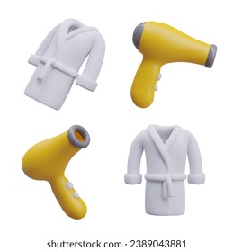 Set of white new bathrobe for female and male and hair dryer in different positions. Personal hygiene at home. Vector illustration in 3d style in white and yellow colors