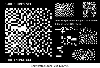 Set of white noise textures, glitch pattern. Collection of 1-bit pixel art elements for design.