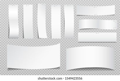Set of white note, notebook paper pieces, reminder tapes are pinned with stapler on grey squares background. Vector illustration
