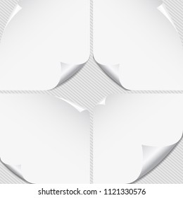 Set of white note paper with curled corners for text or advertising message on grey lined background