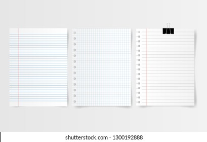 Set of white note paper and notebook sheet on gray background