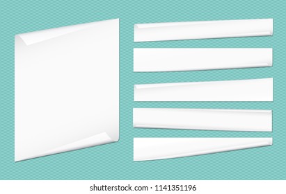 Set of white notebook paper strips with curled corners for text or advertising message on turquoise background