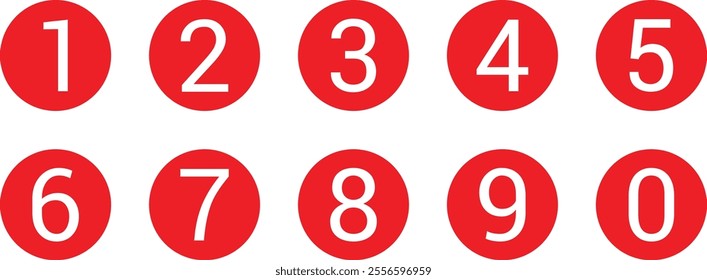set of white number icon on red circle vector illustration.