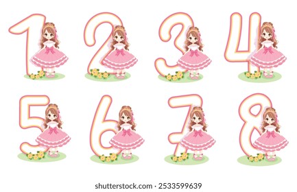 Conjunto de números blancos con linda princesa niña en vestido rosa sobre fondo blanco. Concepto de feliz cumpleaños. Ilustración vectorial en estilo plano de dibujos animados