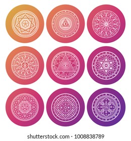 Set of white occult, mystic, spiritual, esoteric bright vector icons illustration