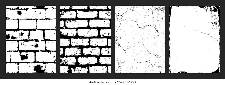 Set of White Old Walls Background with Cracked and Brick Texture. Vector Illustration