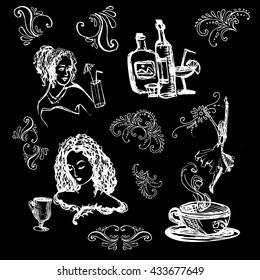 Set white on black with cocktails and girls illustration. Sketch vector illustration