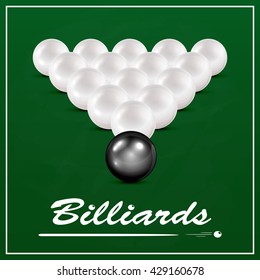 Set of white and one black billiard balls on a green cloth background, illustration.