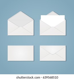 A set of white open and closed envelopes from the front and back, with paper inside and without. Mail, letter, correspondence, quick instant message. Blank invelopes.