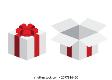 Set of white open closed gift box present with red ribbon bow flat design isometric illustration, interface vector for app logo web button ui ux interface elements isolated on white background