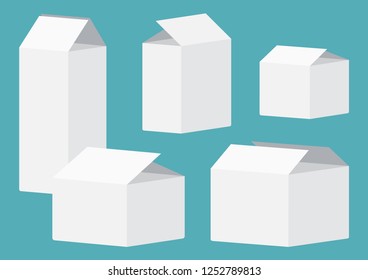 Set of white open packing boxes on blue background. Vector illustration