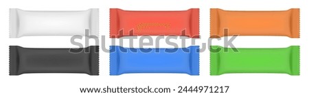 Set of white, orange, green, red, black and blue flow packs. Chocolate bar or ice cream wrapper. Silver foil bag. Realistic 3d mockup of a cookie snacks. Pouch	